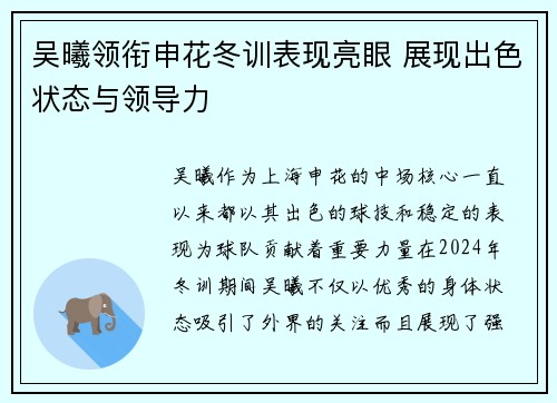 吴曦领衔申花冬训表现亮眼 展现出色状态与领导力